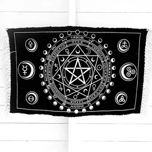 🕯️ Wiccan Altar Rug 🖤 Moon Phases, Sabbats & Elemental Symbols | 100% Cotton | - Picture 1 of 5