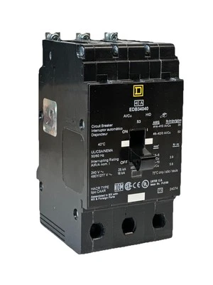 EDB34040 - Square D Bolt-on 480Y/277 VACV 40A 3 pole circuit breaker 18kA@480V - Image 1 of 4