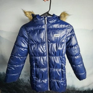 Levi's Kids Faux Fur Blue Hooded Puffer Jacket | Girl's 10-12 Years - Picture 1 of 12