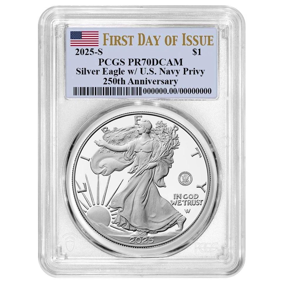 Preventa - Prueba 2025-S $1 American Silver Eagle Navy Privy PCGS PR70DCAM FDOI Foto 1 de 3