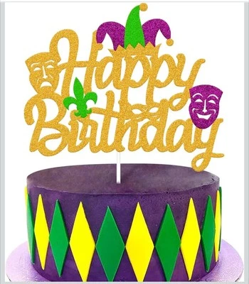 1 pieza Mardi Gras Feliz Cumpleaños Pastel Topper Brillo Mascarada Tema Fat Tuesday  Foto 1 de 4