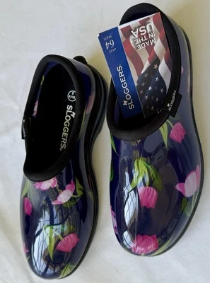NWT Ladies Sloggers Rain Garden Shoes Slip-on Dark Blue Floral Tulips Size 8 - Image 1 of 4