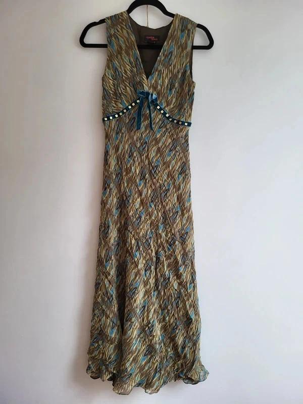 Cynthia Howie Silk Maxi Dress Green & Blue Ribbons Sequins Y2K Retro Flare - Image 1 of 4