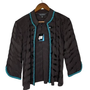 Ming Wang Jacket L Brown Blue Trim Open Front Textured Knit Career Chic NEW - Picture 1 of 6