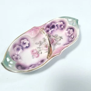 Vintage Porcelain Serving Bowl Center Handle Painted Purple Pink Florals Germany - Picture 1 of 10