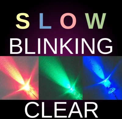 Slow Blinking LEDs Flashing CLEAR FOCUSED  Flash 5mm LED Red Blue Green *100* - Image 1 of 2