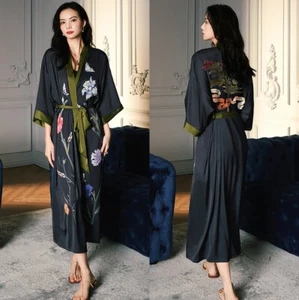 Womens Satin Kimono Robe Long Sleeve Lightweight Floral Luxury Silk Bathrobe - Picture 1 of 27