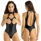 Women Wet Look Halter Bodysuit Open Front Zipper Crotch High Cut Leotard Romper 