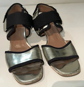 MARNI Solid Black Soft Leather Silver Open Toe Slingback Mid Heel Sandal 37 EU - Picture 1 of 13