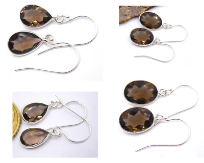 Naturale Fumoso Quarzo Orecchino 925 Argento Sterling Fatto a Mano Per da Donna - Immagine 1 di 3