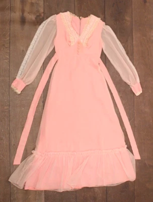 Maxi Vestido De Colección Para Mujer Años 60 70 Rosa Manga Transparente Borde Encaje Años 60 Años 70 Talla XS/S Foto 1 de 4
