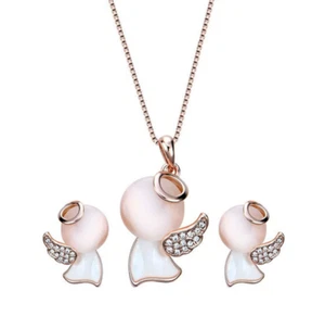 SCHUTZENGEL ENGEL STRASS SET KETTE OHRRINGE KINDER HALSKETTE MÄDCHEN ROSE ROSA - Picture 1 of 2