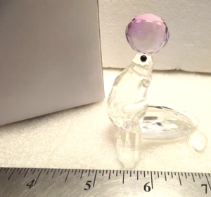 Vintage New Art Glass Crystal Seal Figurine Balancing LAVENDER Ball on Nose NIB - Picture 1 of 4