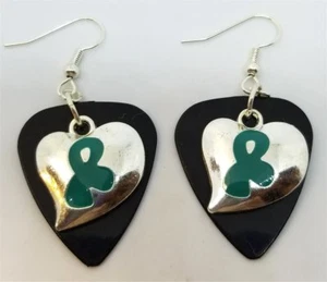 Teal Ribbon on a Heart Charm Guitar Pick Earrings with Surgical Steel Earwires - Picture 1 of 11