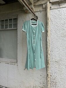 Cotton 1930s Daydress-aqua Blue Floral-minidress-handmade-antique-Puff Sleeve-XS