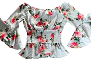 Timing gesmokte Taille Glockenärmel Schößchen Blumen & gestreift Top XL 31N - Bild 1 von 8