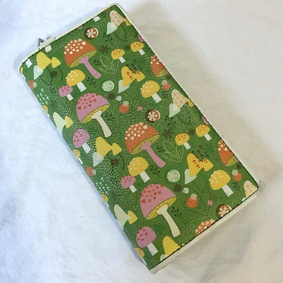 Vintage Wallet Vinyl Mushrooms Green Yellow Zip 70s Retro Hippy Lt Distress - Image 1 of 4