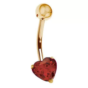 14k Solid Yellow Gold Genuine Garnet Heart Belly Button Navel Ring Body Art - Picture 1 of 5