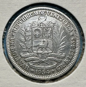 1954 Venezuela 1 Bolivar - 0,835 SILBER - Y #37 - geprägt in Philadelphia - Bild 1 von 2