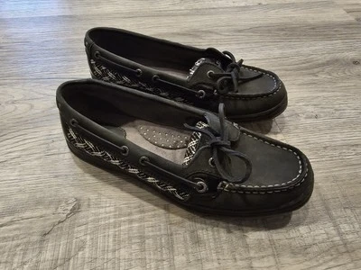 Mocasines Sebago Mujer 9 M Negro Blanco Cuero Espiga Sin Cordones Arenas Un Ojo  Foto 1 de 4