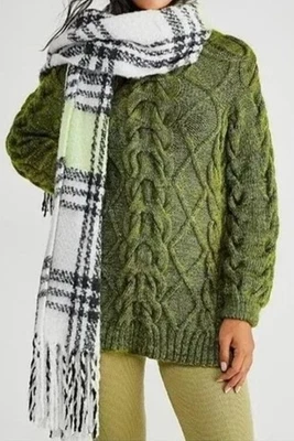 Free People Homecoming Plaid Blanket Scarf Wrap Boho 75" +Fringe x 23" NEW  - Image 1 of 4