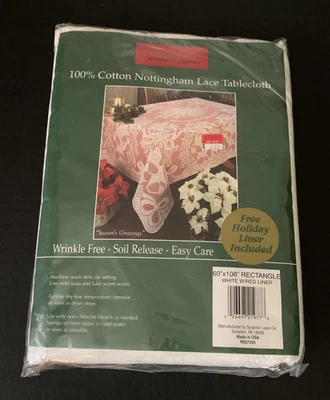 Vtg Nottingham Lace Christmas Table Cover White Rectangle 60x108 Bonus Red Liner - Image 1 of 4