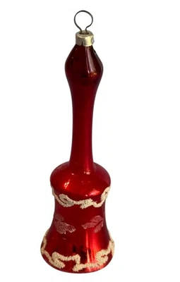 Enfeite de sino de Natal vintage de vidro soprado acabamento de mica vermelha haste longa anos 1950-60 - Imagem 1 de 4