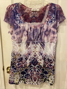 Cato Womens Size S Purple Sublimated Short Flutter Sleeve Top Paisley Floral - Picture 1 of 5