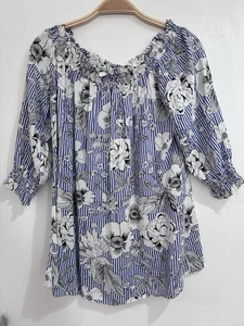 Off The Shoulder Blouse Blue And White Stripe With Floral Print Peacocks Size 14 - Picture 1 of 6