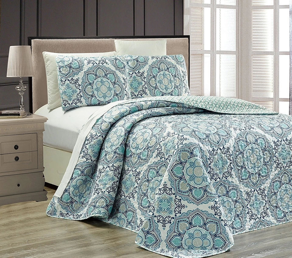 Mk Collection 3pc Queen Oversize Reversible Quilted Bedspread Set Floral Ligh... - Image 1 of 1