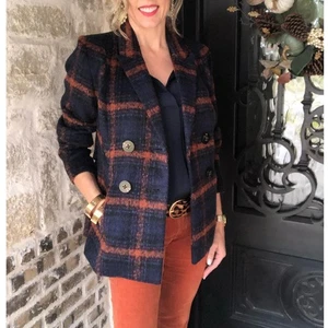 Blazer CABI Checkmate Cuadros Doble Pecho Azul Marino Naranja Talla S $200 {65} - Imagen 1 de 6