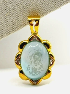 Aquamarine Moonstone Glass Jesus Christ Imprint Gold Plated Christian Pendant - Image 1 of 4