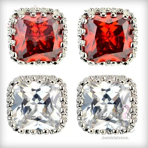 Pendientes de tachuelas de cristal cuadrado brillante o rubí plateado de 10 mm. Boda de novia. - Imagen 1 de 3