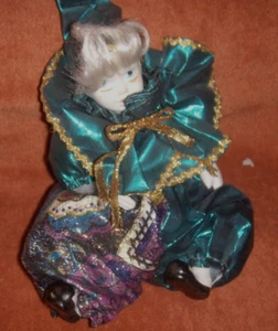 MARDI GRAS MINATURE Porcelain Clown Harlequin Jester  Doll 8"X 4" PORCLAIN - Picture 1 of 1