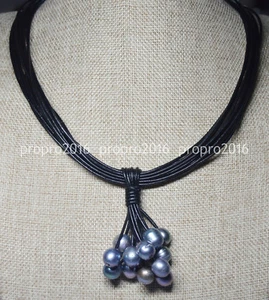 Natural 10x12mm Real Genuine Black Pearl Black Leather Necklace 18'' PN1707 - Picture 1 of 6