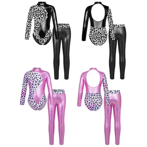 Kids Girls Dance Gymnastics Sports Outfits Long Sleeve Printe Leotard+Leggings - Picture 1 of 27
