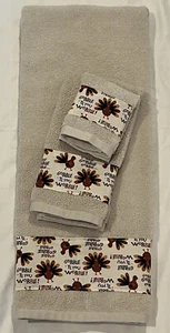 Thanksgiving Bathroom Decor Turkey Gobble Til You Wobble Brown Beige 3 Pc Set - Picture 1 of 6