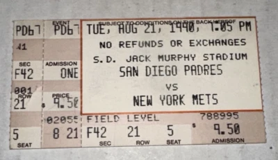 Padres Mets Jack Murphy Stadium Box Office MLB Ticket Stub Gwynn Hit 8/21/1990  - Image 1 of 2