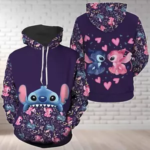 Stitch And Angel Couple Hearts Love Lilo & Stitch Floral Hoodie 3D Printed - Picture 1 of 2