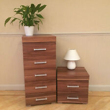 Walnut Effect 5 Drawer Tall Boy Chest & 2 Drawer Bedside Cabinet Bedroom Narrow