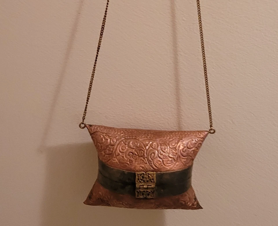 Antique Brass & Copper Pillow Handbag Artisan Persian Box Middle East Vintage - Image 1 of 1