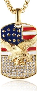 Stainless Steel American Eagle Patriotic Necklace CZ Flag Bald Eagle Pendant - Picture 1 of 53