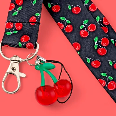 CHERRY POP LANYARD black neck strap acrylic fruit charm kitschy key ring 2V - Image 1 of 4