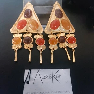Vtg. Alexis Kirk Long Gold Statement Clip Earrings Semi Precious Stones Runway - Picture 1 of 2