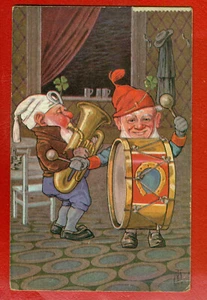 Wichtel spielen Musikinstrumente von M.T. ALTE POSTKARTE GELAUFEN 446 - Bild 1 von 2