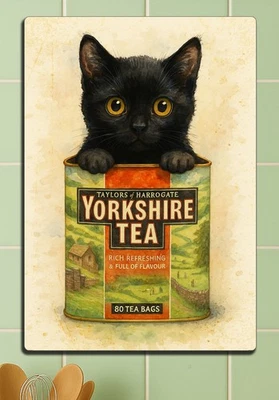 Yorkshire Tea Cat Metal Sign Vintage Kitchen Wall Art Cute Black Kitten Gift - Image 1 of 4