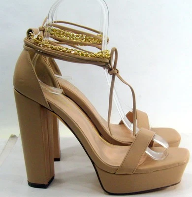 LILIANA  SKINTONE  5.5"BLOCK High Heel Open Toe TIE UP strap Shoes Women Size 10 - Image 1 of 4