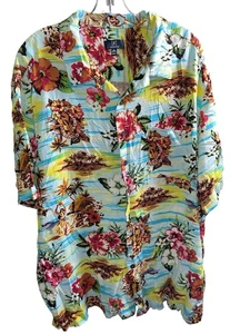 Hawaiian Hula Ukulele Flowers Palm Trees 100% Rayon Button Front Shirt Men's 2XL - Picture 1 of 1