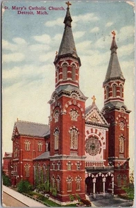 DETROIT Michigan Postcard "ST. MARY'S CATHOLIC CHURCH" Street View - 1911 Cancel - Picture 1 of 2