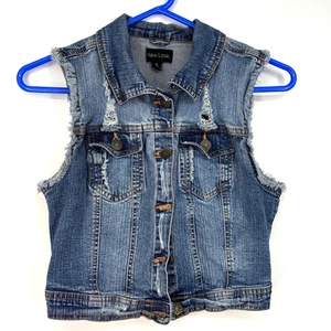 New Look Girls Medium Button Front Denim Vest Faded Blue Distressed Holes Frayed - Picture 1 of 8